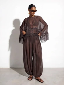 Zivah Women's Tassel Design Shawl Top And Lantern Pants Casual Vacation Cover-Up Set - Brown - View 7