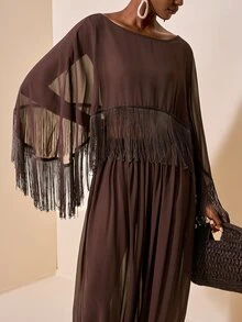 Zivah Women's Tassel Design Shawl Top And Lantern Pants Casual Vacation Cover-Up Set - Brown - View 10