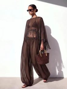 Zivah Women's Tassel Design Shawl Top And Lantern Pants Casual Vacation Cover-Up Set - Brown - View 4