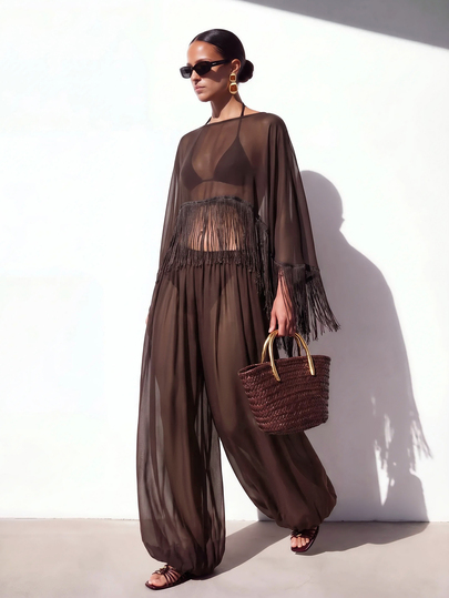 Zivah Women's Tassel Design Shawl Top And Lantern Pants Casual Vacation Cover-Up Set