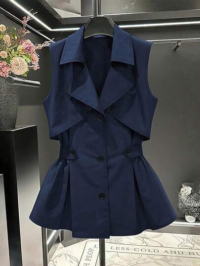 SHEIN Franclia Women Navy Blue Double-Breasted Sleeveless Blazer Vest,Elegant Office Workwear  Fall Winter,Lapel Collar Cinched Ruched Hem Design Vintage Jacket Top