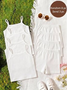 SHEIN 3Random Piece From 8 Designs Young Girl 3pcs White Ribbed Knit Cami Top Back To School - White - View 4