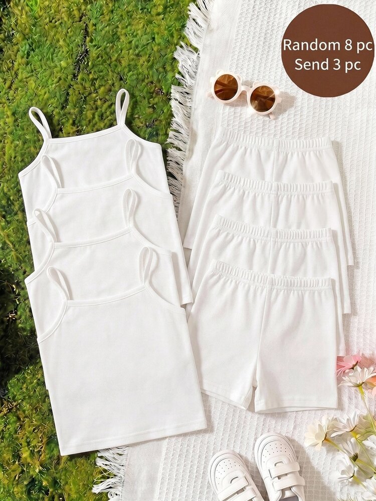 SHEIN 3Random Piece From 8 Designs Young Girl 3pcs White Ribbed Knit Cami Top Back To School - White - View 4