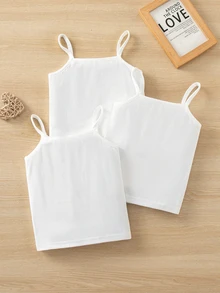 SHEIN 3Random Piece From 8 Designs Young Girl 3pcs White Ribbed Knit Cami Top Back To School - White - View 2