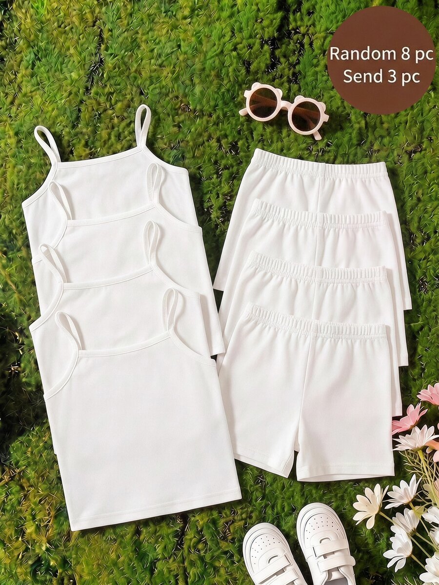 SHEIN 3Random Piece From 8 Designs Young Girl 3pcs White Ribbed Knit Cami Top Back To School - White - View 1