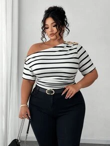 Elenzga Plus Size Women Elegant Versatile Personalized Fashion Casual Commute Cold Shoulder Top - Black and White - View 8