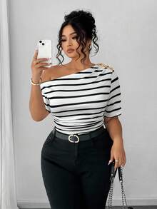 Elenzga Plus Size Women Elegant Versatile Personalized Fashion Casual Commute Cold Shoulder Top - Black and White - View 2