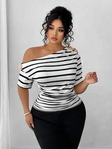 Elenzga Plus Size Women Elegant Versatile Personalized Fashion Casual Commute Cold Shoulder Top - Black and White - View 6