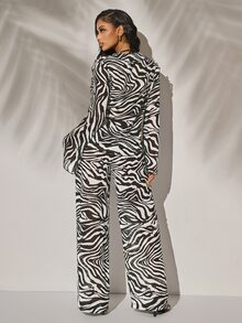 Radiana Women's Summer Casual Zebra Print Chiffon 2-Piece Set,White Animal Print,Autumn,Seksi Chic,Vacation,Holiday,Ruffled Top&High Waist Wide Leg Pants - Multicolor - View 2