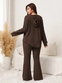 SHEIN LUNE Plus Size Women's Solid Color Long Sleeve Top And Flare Leg Pants Casual Baggy Daily Home Wear 2 Pieces Set Formal Home Wear Brown Autumn Thanksgiving - Brown - View 2