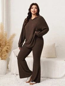 SHEIN LUNE Plus Size Women's Solid Color Long Sleeve Top And Flare Leg Pants Casual Baggy Daily Home Wear 2 Pieces Set Formal Home Wear Brown Autumn Thanksgiving - Brown - View 9