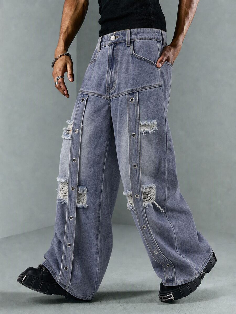 ROMWE MEN Street Life New American Street Dark Tech Distressed Blue Ripped Jeans Unisex Rivet Eyelet Patchwork Design Loose Wide Leg Floor-Length Pants All Season Wearable Suitable For Daily Outings Versatile - Light Wash - View 1
