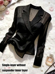 SHEIN Franclia 女款通勤學院風極簡時尚百搭黑色半透性感西裝領上衣，不對稱下擺側綁帶長袖襯衫，基礎款，適合夏季度假穿著、社交場合、辦公室穿著、工作服、女性度假、萬聖節、春節、海灘度假、戶外活動、女孩聚會、居家、購物、休閒娛樂 - 黑色 - 查看 2