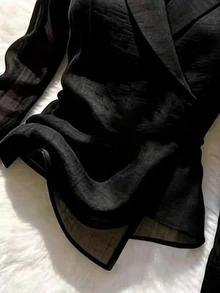SHEIN Franclia 女款通勤學院風極簡時尚百搭黑色半透性感西裝領上衣，不對稱下擺側綁帶長袖襯衫，基礎款，適合夏季度假穿著、社交場合、辦公室穿著、工作服、女性度假、萬聖節、春節、海灘度假、戶外活動、女孩聚會、居家、購物、休閒娛樂 - 黑色 - 查看 5