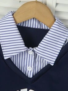 Genkimix Kids 青少年女孩休閒 80 年代運動賽車學院風秋季海軍藍藍白配色長袖 2 合 1 運動衫 + 裙子 2 件套校園穿搭 - 藍色 - 查看 6