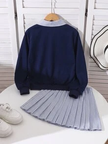 Genkimix Kids 青少年女孩休閒 80 年代運動賽車學院風秋季海軍藍藍白配色長袖 2 合 1 運動衫 + 裙子 2 件套校園穿搭 - 藍色 - 查看 2