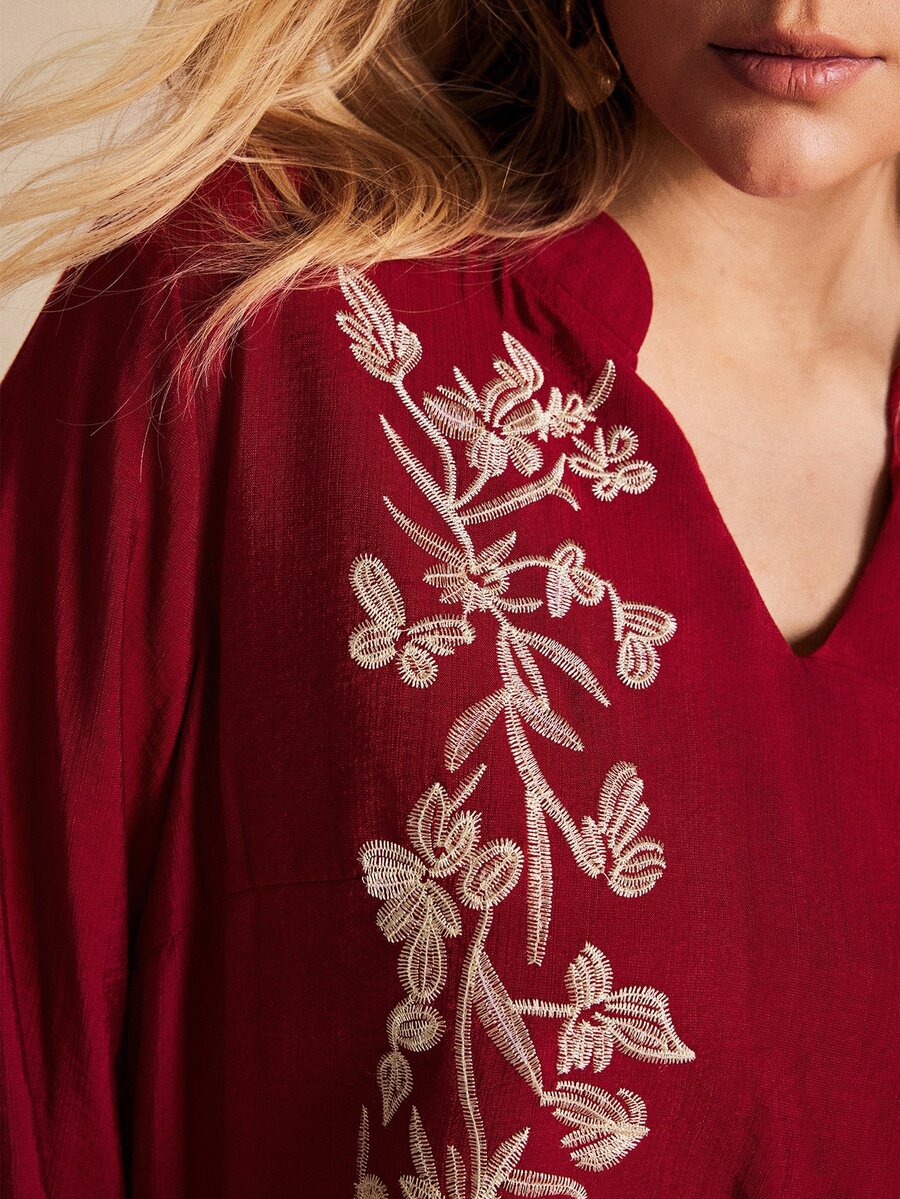 Écloséra Curve Plus Size Women's Vintage Matching Boho Casual Floral Embroidered Shirt Suitable For Daily Shopping Commuting Autumn Family Birthday Burgundy - Red - View 1