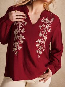 Écloséra Curve Plus Size Women's Vintage Matching Boho Casual Floral Embroidered Shirt Suitable For Daily Shopping Commuting Autumn Family Birthday Burgundy - Red - View 6