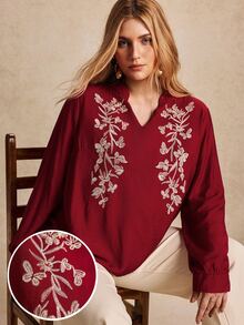 Écloséra Curve Plus Size Women's Vintage Matching Boho Casual Floral Embroidered Shirt Suitable For Daily Shopping Commuting Autumn Family Birthday Burgundy - Red - View 7