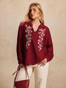 Écloséra Curve Plus Size Women's Vintage Matching Boho Casual Floral Embroidered Shirt Suitable For Daily Shopping Commuting Autumn Family Birthday Burgundy - Red - View 5