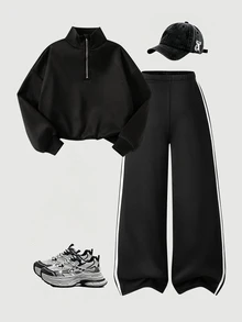 SHEIN Teen Girls Long Sleeve Fleece Autumn Outfits Half Zip Stand Collar Sweatshirt Side Stripe Wide Leg Pants Set Athletic Black Black And White Family - Black - View 7