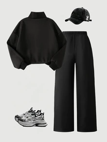 SHEIN Teen Girls Long Sleeve Fleece Autumn Outfits Half Zip Stand Collar Sweatshirt Side Stripe Wide Leg Pants Set Athletic Black Black And White Family - Black - View 8