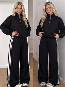 SHEIN Teen Girls Long Sleeve Fleece Autumn Outfits Half Zip Stand Collar Sweatshirt Side Stripe Wide Leg Pants Set Athletic Black Black And White Family - Black - View 2