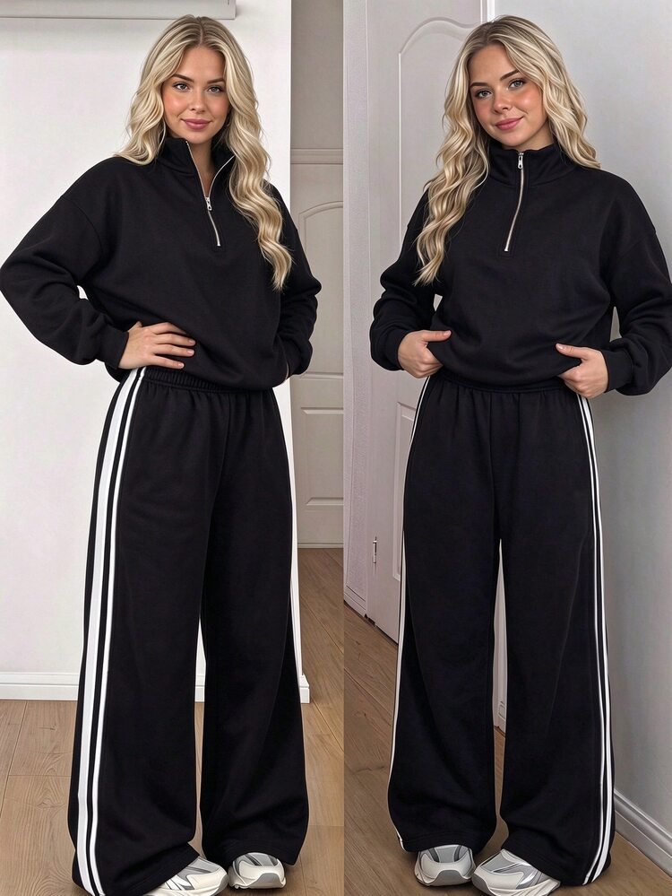 SHEIN Teen Girls Long Sleeve Fleece Autumn Outfits Half Zip Stand Collar Sweatshirt Side Stripe Wide Leg Pants Set Athletic Black Black And White Family - Black - View 1