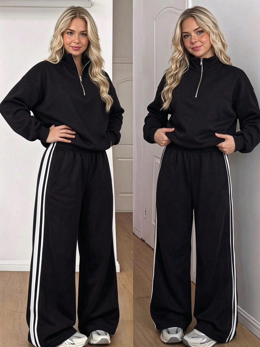 SHEIN Teen Girls Long Sleeve Fleece Autumn Outfits Half Zip Stand Collar Sweatshirt Side Stripe Wide Leg Pants Set Athletic Black Black And White Family