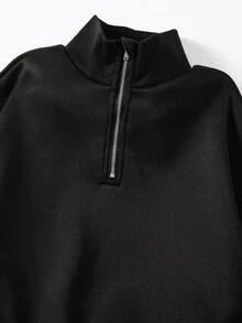 SHEIN Teen Girls Long Sleeve Fleece Autumn Outfits Half Zip Stand Collar Sweatshirt Side Stripe Wide Leg Pants Set Athletic Black Black And White Family - Black - View 5