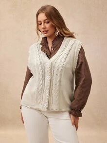 Écloséra Curve Plus Size Women's Elegant Versatile Twisted Rope Cable Knit Button V-Neck Sleeveless Vest Cardigan, Suitable For Outings, Dates, Daily Wear - Apricot - View 5