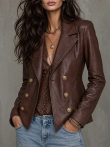 LUMIGAL Caramel Color Vintage Double-Breasted Long Sleeve Women's Leather Jacket - Coffee Brown - View 1
