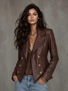 LUMIGAL Caramel Color Vintage Double-Breasted Long Sleeve Women's Leather Jacket - Coffee Brown - View 4
