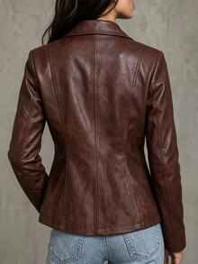 LUMIGAL Caramel Color Vintage Double-Breasted Long Sleeve Women's Leather Jacket - Coffee Brown - View 2