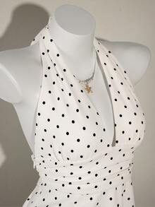 SHEIN ICON Women's Halter Deep V-Neck Ruched A-Line Backless Polka Dot Camisole - White - View 6