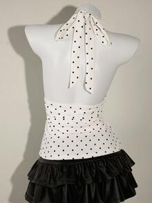 SHEIN ICON Women's Halter Deep V-Neck Ruched A-Line Backless Polka Dot Camisole - White - View 4