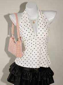 SHEIN ICON Women's Halter Deep V-Neck Ruched A-Line Backless Polka Dot Camisole - White - View 3
