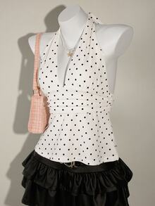 SHEIN ICON Women's Halter Deep V-Neck Ruched A-Line Backless Polka Dot Camisole - White - View 7