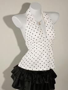 SHEIN ICON Women's Halter Deep V-Neck Ruched A-Line Backless Polka Dot Camisole - White - View 9