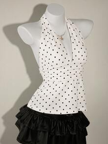 SHEIN ICON Women's Halter Deep V-Neck Ruched A-Line Backless Polka Dot Camisole - White - View 8