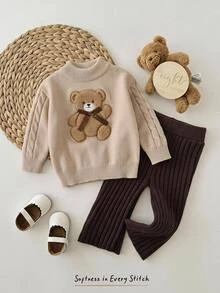 Cozy Pixies Baby Girl Cute Bear Pattern Knit Pullover & Solid Color Knit Autumn Winter Pants - Khaki - View 3