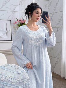 Yasveil 女款蕾絲飾邊百褶休閒派對阿拉伯風洋裝 - 藍色 - 查看 10