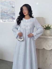 Yasveil 女款蕾絲飾邊百褶休閒派對阿拉伯風洋裝 - 藍色 - 查看 6