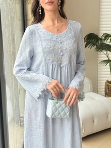 Yasveil 女款蕾絲飾邊百褶休閒派對阿拉伯風洋裝 - 藍色 - 查看 7