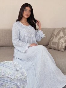 Yasveil 女款蕾絲飾邊百褶休閒派對阿拉伯風洋裝 - 藍色 - 查看 5