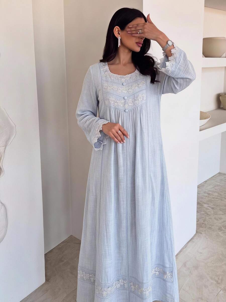 Yasveil 女款蕾絲飾邊百褶休閒派對阿拉伯風洋裝