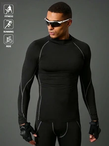 Acti Log Boyfriend Style Men's Solid Color Stand Collar Raglan Sleeve Casual Fitness Long Sleeve T-Shirt School , Compression , Holographic , Plain , Exercise Workout Tops Fall Compression Shirt Breathable Fitted Shirt Fall Crew Neck - Black - View 1