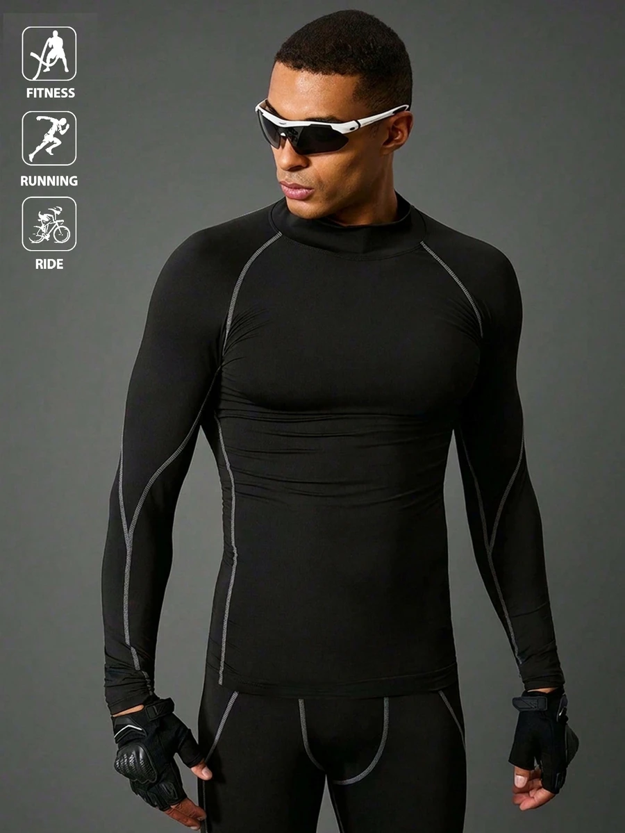 Acti Log Boyfriend Style Men's Solid Color Stand Collar Raglan Sleeve Casual Fitness Long Sleeve T-Shirt School , Compression , Holographic , Plain , Exercise Workout Tops Fall Compression Shirt Breathable Fitted Shirt Fall Crew Neck - Black - View 1
