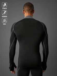 Acti Log Boyfriend Style Men's Solid Color Stand Collar Raglan Sleeve Casual Fitness Long Sleeve T-Shirt School , Compression , Holographic , Plain , Exercise Workout Tops Fall Compression Shirt Breathable Fitted Shirt Fall Crew Neck - Black - View 2