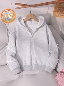 Elladie kids Young Girl Bow Detail Zip Up Sweatshirt Fleece Lined Jacket Cute Ribbon Heather Grey Sweatshirt Winter Warm Outwear For Little Young Girl - Light Grey - View 4